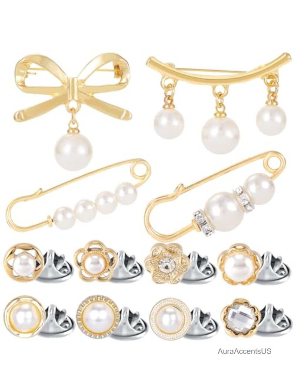 12pcs Pearl Junk Sock Charms Gold Rhinestone Bow Brooch Safety Pins Pants Clips